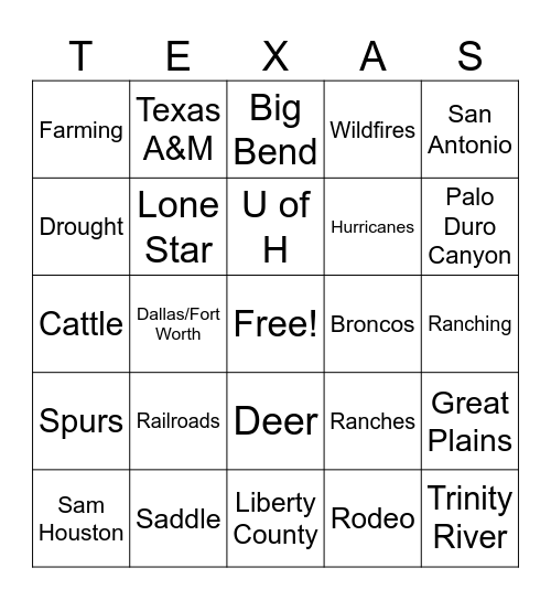 TEXAS History Bingo Card