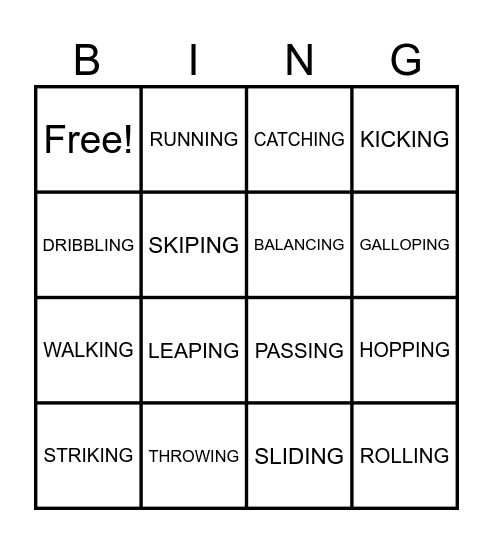 PHYSICAL EDUCATION SKILLS Bingo Card