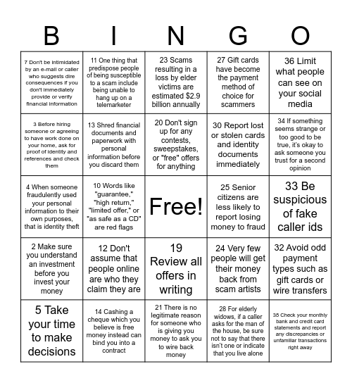 Fraud Prevention Tips Bingo Card