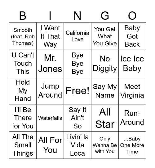 90s Songs Bingo Card