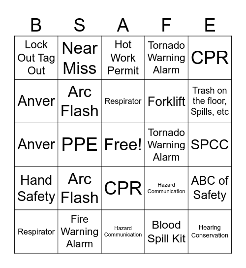 Safety Stand Down BSAFE Bingo Card