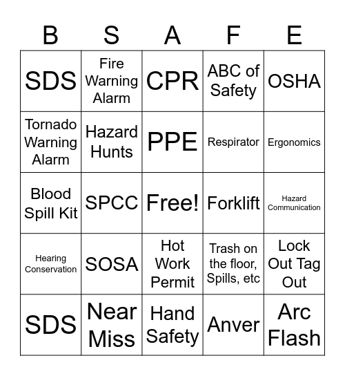 Safety Stand Down BSAFE Bingo Card