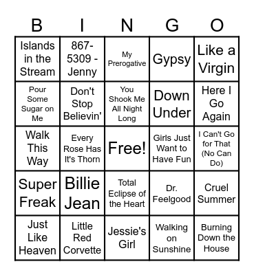 80's Hits Bingo Card