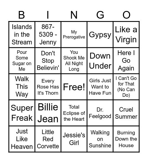 80's Hits Bingo Card