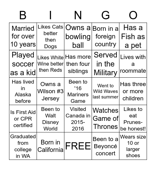 Get To Know Other Geater Seattle Employees Bingo Card