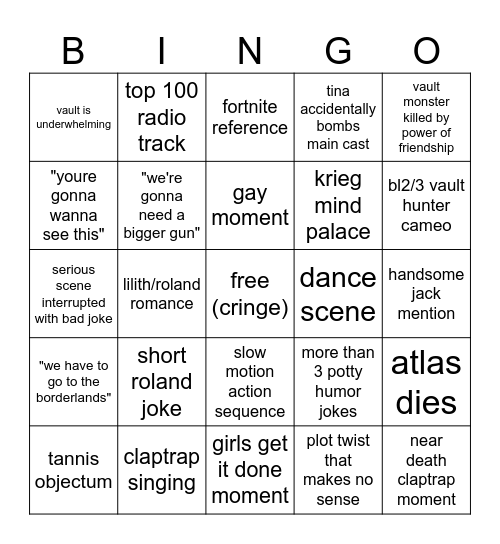 borderlands movie bingo Card