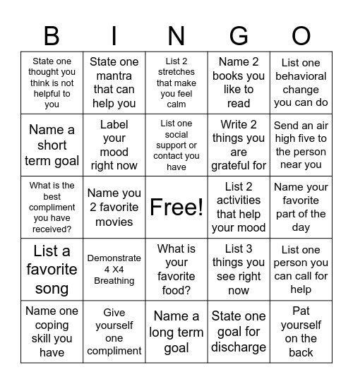 Mental Health Bingo Card