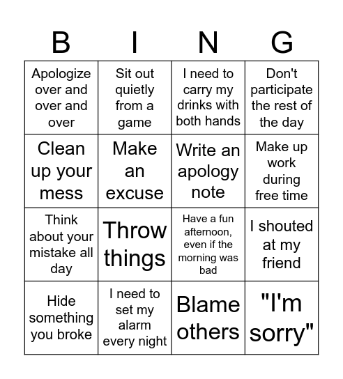 Responsibility Bingo Card