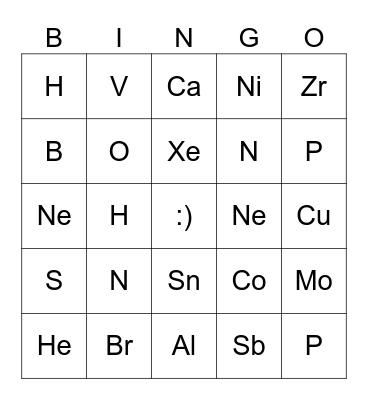 Periodic Table Bingo (First 20 elements) Bingo Card