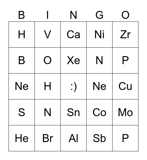 Periodic Table Bingo (First 20 elements) Bingo Card