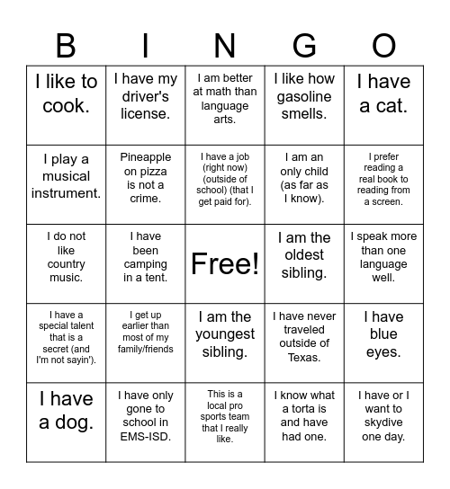 Bingo, Bango, Bongo Bingo Card