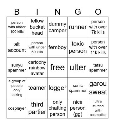 TSB BINGO YEAHHHHH (@bucket_dude on youtube) Bingo Card