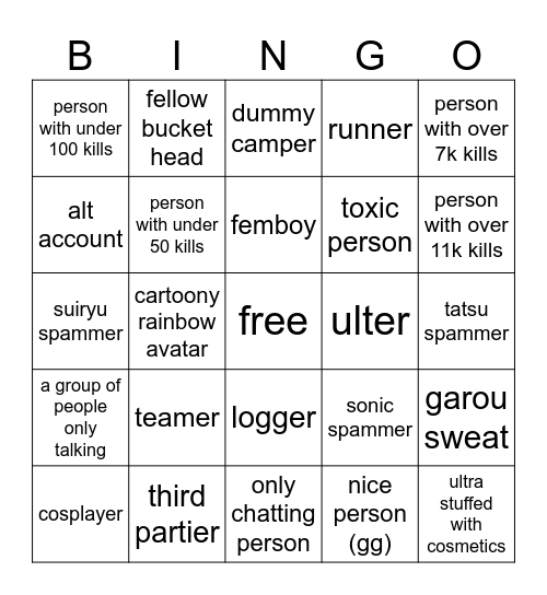 TSB BINGO YEAHHHHH (@bucket_dude on youtube) Bingo Card