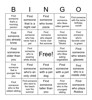 Get to Know Me Bingo Card