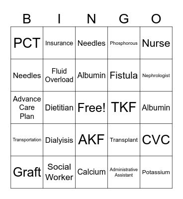 Dialysis Bingo Card