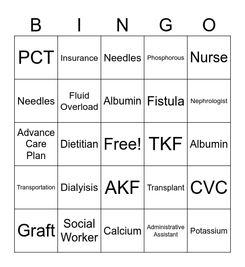 Dialysis Bingo Card