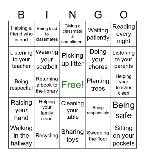 Good Citizenship BINGO Card