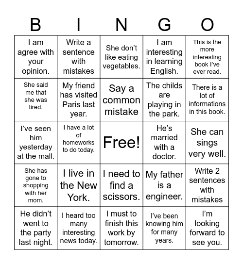 Mistakes Bingo Card