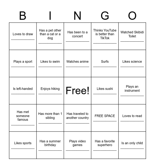 Untitled Bingo Card