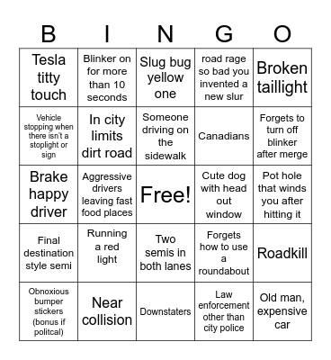 In Town driving Bingo Card