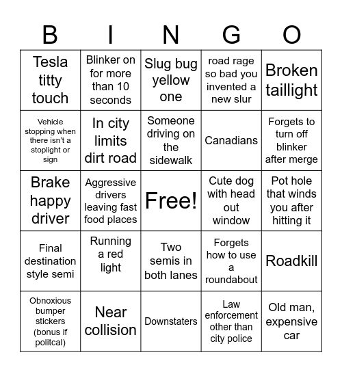 In Town driving Bingo Card