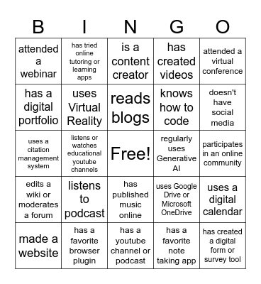 Digital Literacy Bingo Card