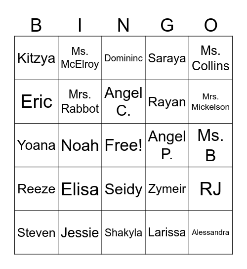 Student Names Bingo Card