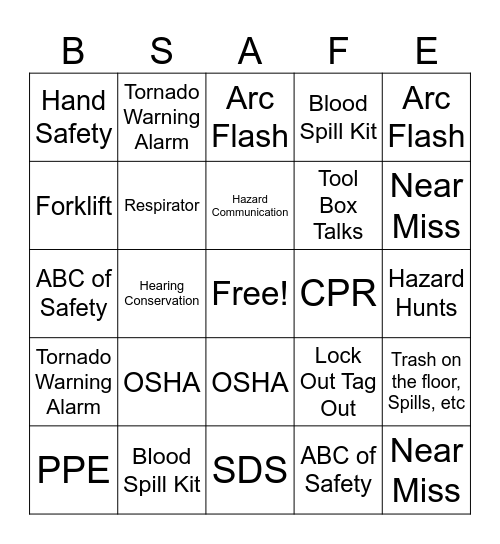 Safety Stand Down BSAFE Bingo Card