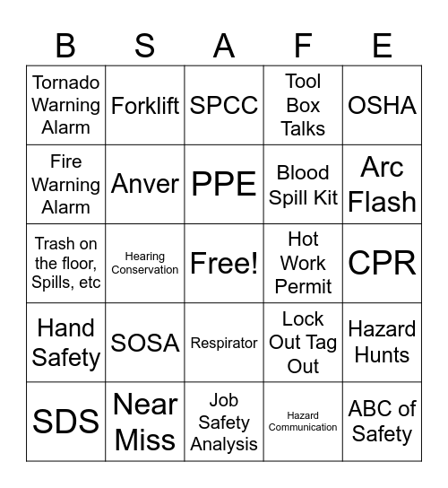 Safety Jump Start Bingo Card