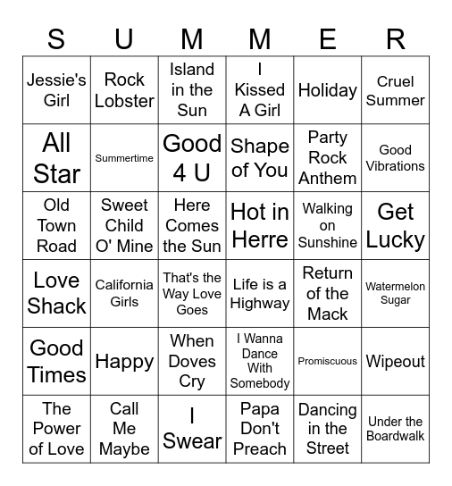 Summer Hits Music Bingo Card