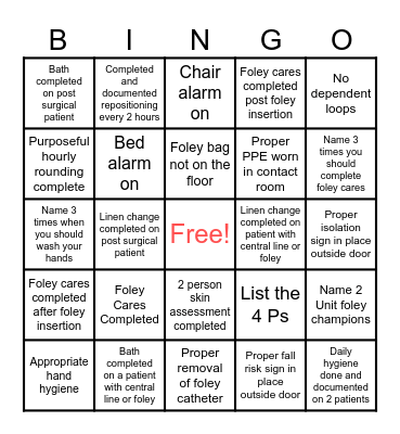 Patient Safety Bingo Card