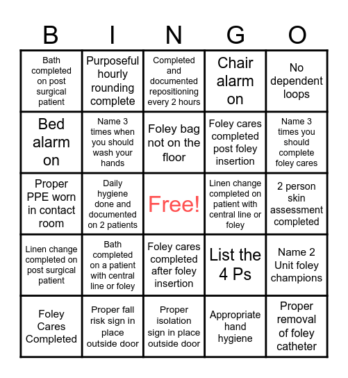 Patient Safety Bingo Card