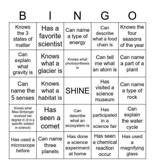 Scientific Bingo with Miss Stritzinger Bingo Card