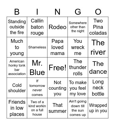 Garth Brooks Bingo Card