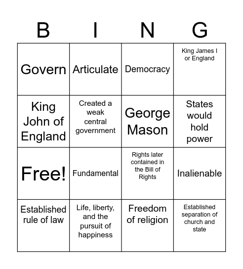 Documents & Vocab Bingo Card