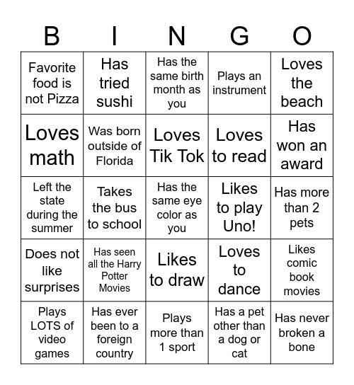 Middle School Bingo Card