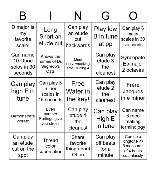 Oboe Bingo Card