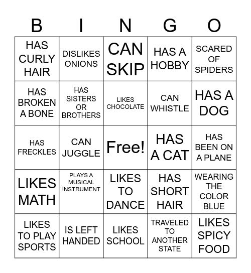 Get to know you Bingo Card