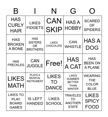 Get to know you Bingo Card