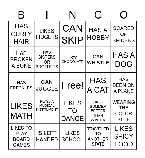 Get to know you Bingo Card