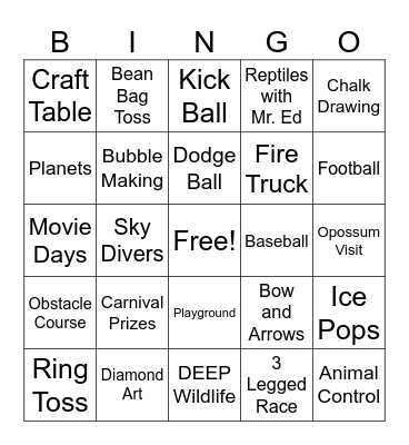 Camp Activity Bingo Card