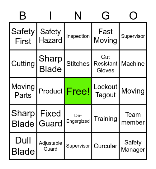 Machine Blade Safety Bingo Card