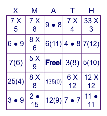 Multiplication Products Bingo Card