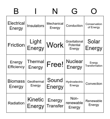 Energy Scavenger Hunt Bingo Card