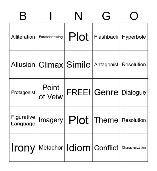 Language Arts Bingo Card