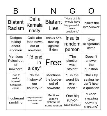 Trump Speech Bingo Card