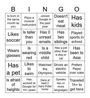 Get to know each other Bingo Card
