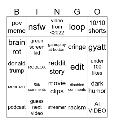 youtube shorts bingo Card