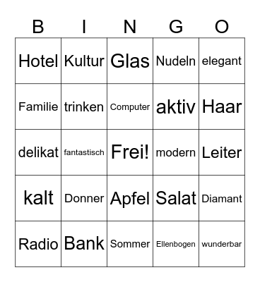 German English Cognates Bingo Card