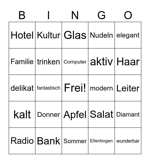 German English Cognates Bingo Card